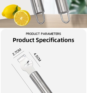 Detailed view of stainless steel lemon zester with hook design and product dimensions