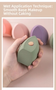 Macro shot of large soft makeup sponge blending foundation on skin for smooth finish