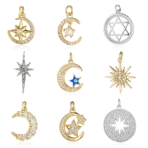 Set of 9 gold and silver celestial pendants featuring stars, moons, and cubic zirconia
