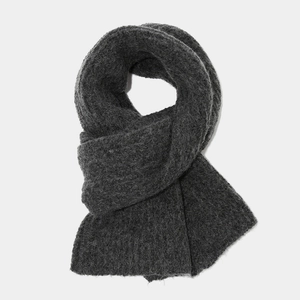 Close-up of dark grey plush knit scarf showing soft mohair texture and warm winter material