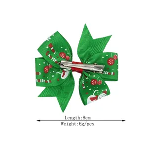 8cm Christmas bow hair clip with green Merry Christmas ribbon and snowman pattern
