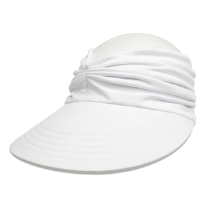 Detail of white pleated sun visor with reinforced stitching on the wide brim