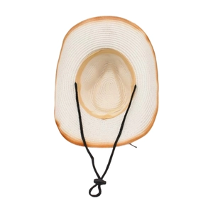 Close-up of woven straw cowboy hat with brown trim and adjustable black drawstring