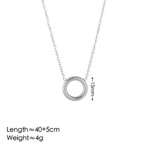 Detailed view of silver twist circle necklace pendant with 15mm diameter and size specs