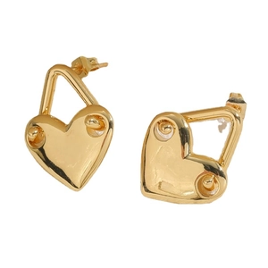 Elegant gold heart earrings with geometric frames and zircon accents in a minimalist design