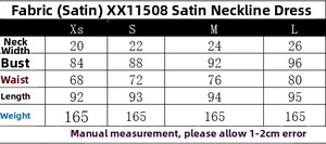 Detailed size chart for satin halter neck dress showing bust and waist measurements