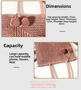 Detailed dimensions of pink straw bag showing 41x34x12cm size and pompom decor