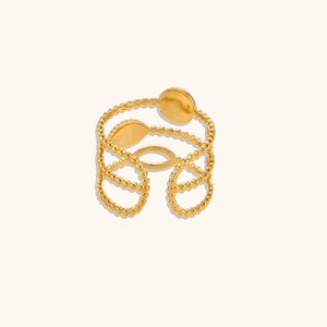 Detailed close-up of a gold-plated multi-layer ring featuring sun and moon drip oil charms