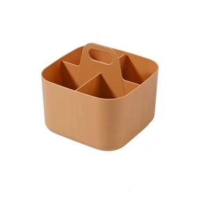 Caramel four-compartment plastic desk organizer with central handle for kitchen storage