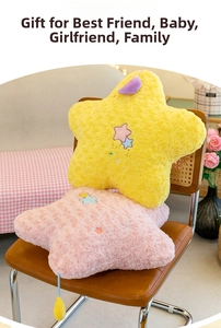 Close-up of star-shaped plush pillow with textured rose velvet fabric and embroidery