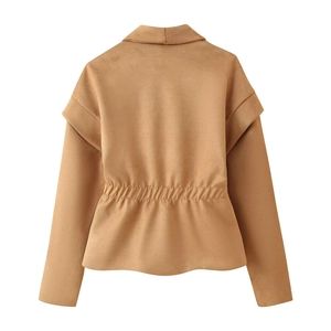 Women's camel faux suede jacket with V-neck and elastic waist design on white background