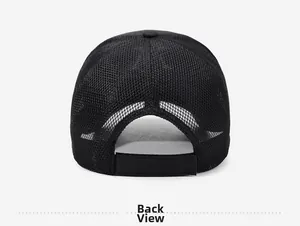 Rear view of black mesh baseball cap showing breathable net and adjustable strap