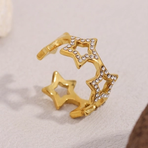 Detailed view of 18K gold plated stainless steel open ring with sparkling star zircon gems