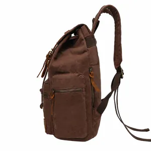 Retro canvas backpack for men in dark brown with side view and leather details