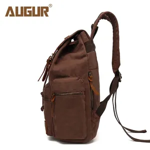 Retro canvas backpack for men in dark brown with side view and leather details