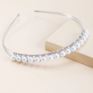 Elegant double-layered silver headband with rhinestones and pearls for brides