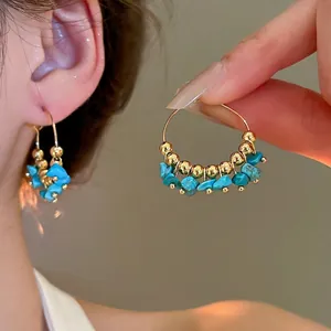 Bohemian gold hoop earrings with irregular turquoise stones and beads for women