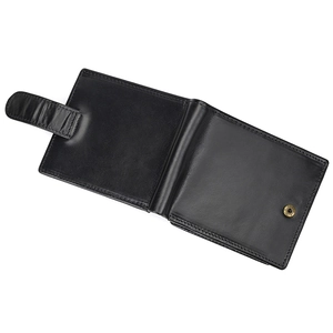 Internal layout of genuine leather trifold wallet showing card slots and snap closure