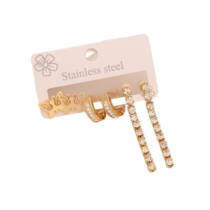 Three pairs of gold stainless steel butterfly and heart rhinestone drop earrings set