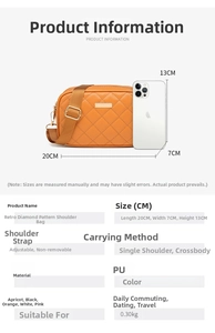 Detailed size specifications for the vintage quilted PU crossbody bag in orange color