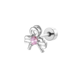 Silver bow stud earring featuring a pink heart-shaped zircon gemstone on a white background