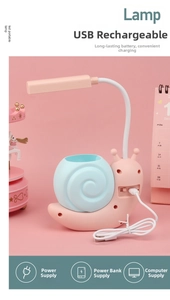 Pink snail LED desk lamp with pen holder and flexible neck showing USB charging features
