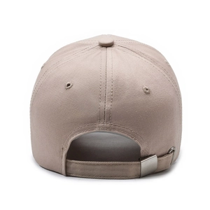 Back view of beige vintage distressed baseball cap with adjustable metal buckle strap