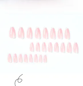 Detailed view of 24-piece pink translucent almond press-on nails with white French tips