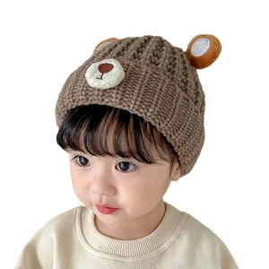 Brown infant knitted bear hat with ears for autumn and winter baby warmth