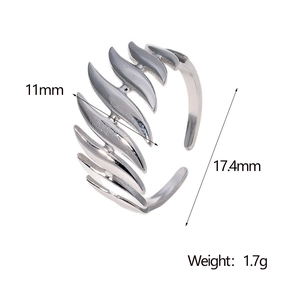 Detail showing wavy feather design ring with 11mm width and adjustable opening