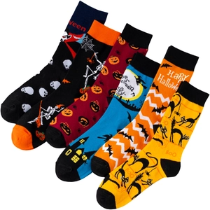 Detail view of colorful Halloween socks set featuring pumpkins, bats and skeletons motifs
