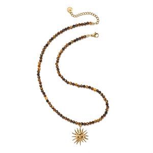 Vintage sun pendant necklace with natural stone faceted beads and gold-tone finish