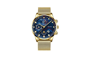 Detail of gold chronograph men's watch with blue dial and mesh stainless steel strap