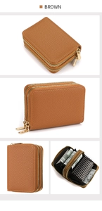 Detail of brown litchi pattern PU leather card holder with dual zippers and accordion slots