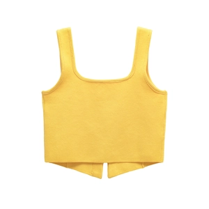 Fashionable yellow knit crop top featuring wide shoulder straps and irregular hemline design