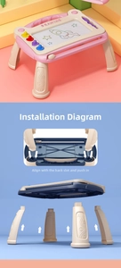 Detail of magnetic drawing board with four colorful stamps and educational alphabet legs