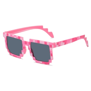 Detail of pink checkered pixel sunglasses with gray lenses and 8-bit style retro frames