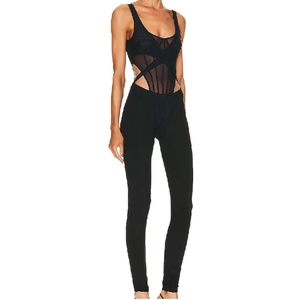 Sexy black cutout jumpsuit with sheer mesh panels and high waist slim fit design
