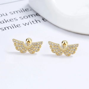 Sparkling gold 925 sterling silver wing screw back stud earrings with micro pave zircons