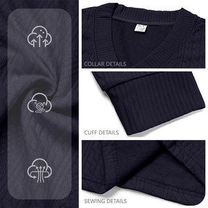 Men's navy blue jacquard knit V-neck shirt with collar and cuff details overview