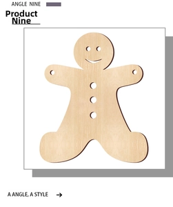 Macro detail of unfinished gingerbread man wooden slice for DIY Christmas hanging crafts