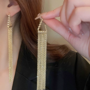 Exaggerated zircon triangle chain long tassel earrings in gold plating for women