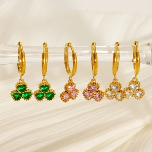 Herz Zirkon Kleeblatt Ohrringe 304 Edelstahl 18 Karat Vergoldet Blume Huggie Hoop Schmuck Für Frauen Vintage Stil