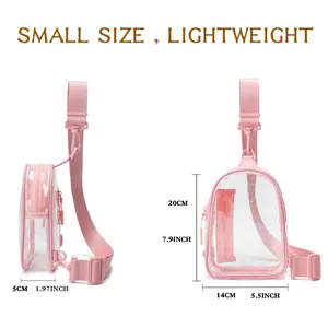 Waterproof clear PVC belt bag with pink strap and size details for sports and running