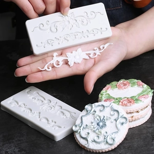 White silicone cake border mold with intricate floral lace relief for fondant and soap diy