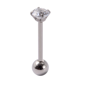Polished stainless steel 14G tongue ring with a clear round cubic zirconia stone insert