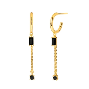 Detail of gold chain tassel earring with rectangle black zircon and C-shape hook