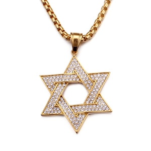Hexagram Star Of David Pendant Necklace Gold Plated Stainless Steel Iced Out Rhinestone Hip Hop Fashion Jewelry