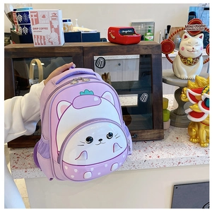 Detailed view of purple cartoon cat backpack with durable hard shell and side mesh pocket