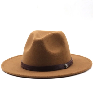 Detailed close-up of camel wool fedora hat featuring a brown leather band and silver buckle